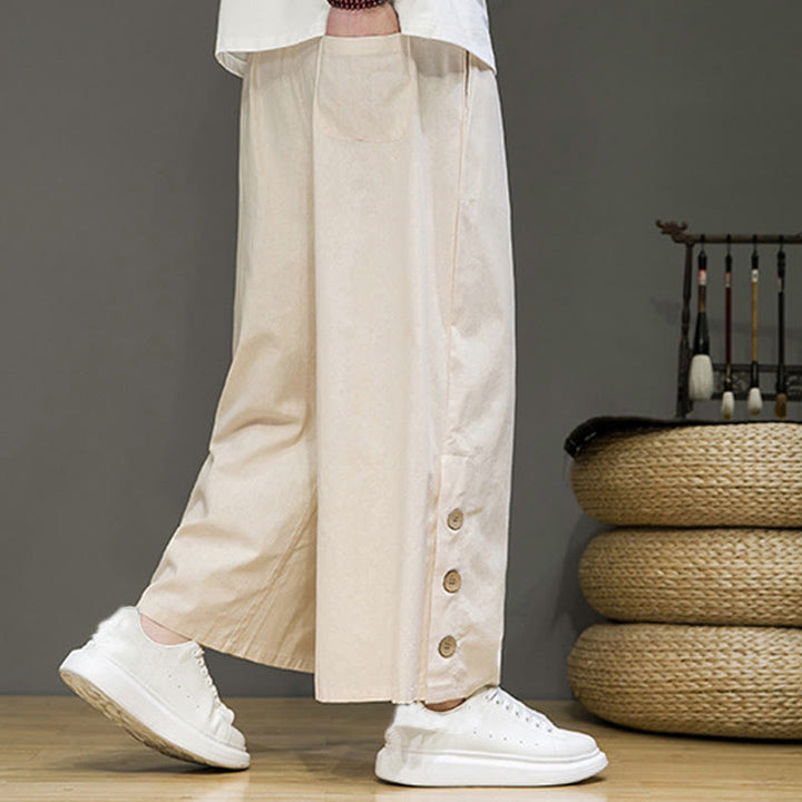 Pantaloni da uomo a gamba dritta con tasche, coulisse, bottoni in lino tinta unita con Buddha Stones - image 4