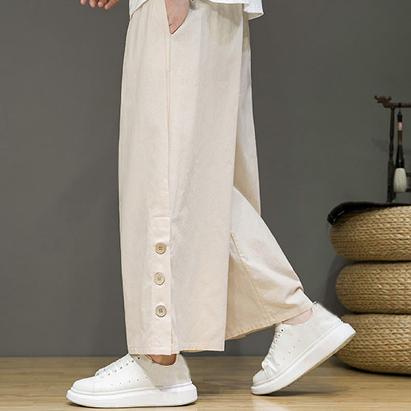 Pantaloni da uomo a gamba dritta con tasche, coulisse, bottoni in lino tinta unita con Buddha Stones - image 5
