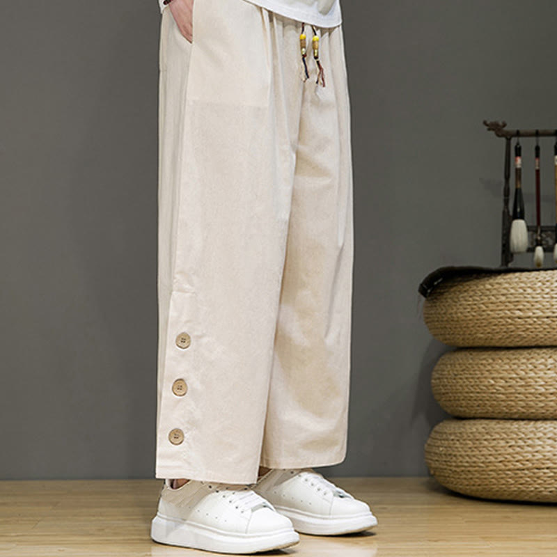 Pantaloni da uomo a gamba dritta con tasche, coulisse, bottoni in lino tinta unita con Buddha Stones - image 3