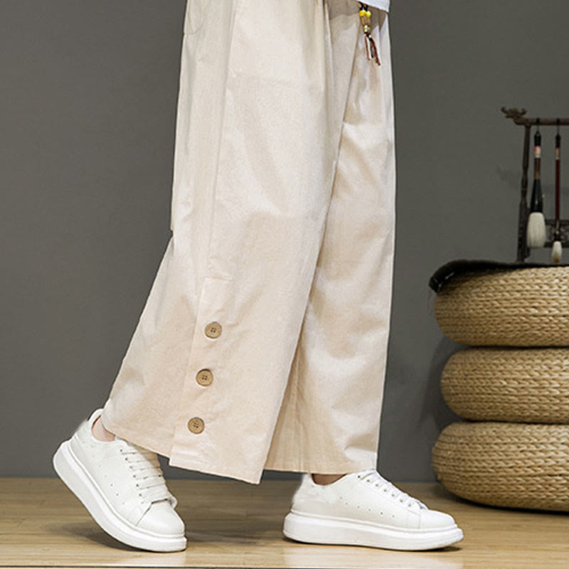 Pantaloni da uomo a gamba dritta con tasche, coulisse, bottoni in lino tinta unita con Buddha Stones - image 6
