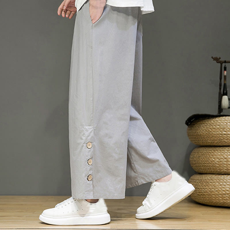 Pantaloni da uomo a gamba dritta con tasche, coulisse, bottoni in lino tinta unita con Buddha Stones - image 24