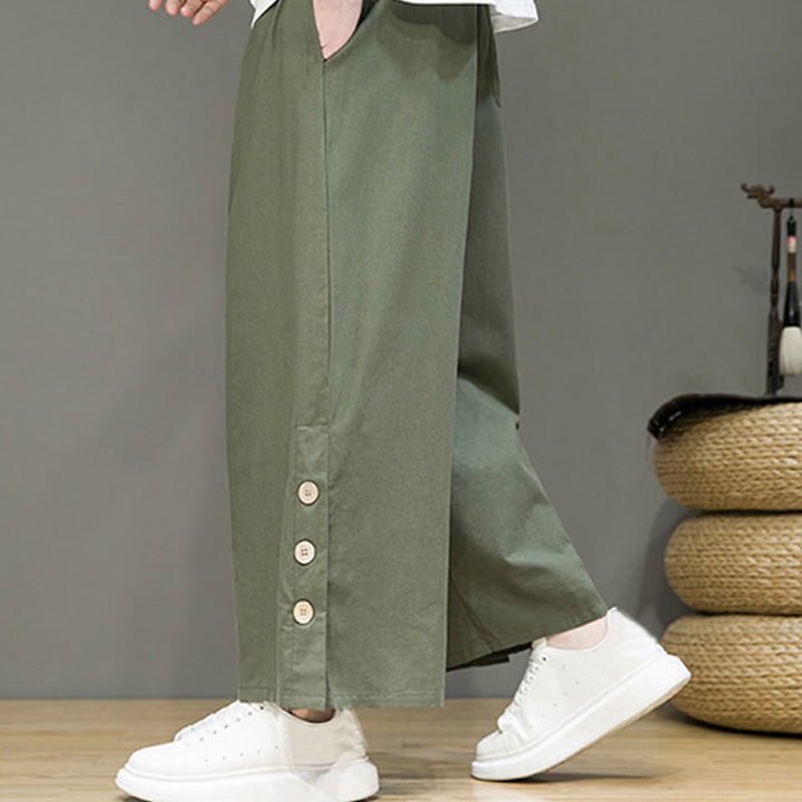Pantaloni da uomo a gamba dritta con tasche, coulisse, bottoni in lino tinta unita con Buddha Stones - image 32
