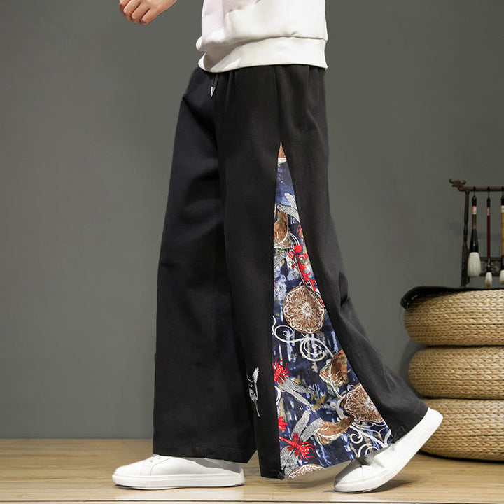 Pantaloni da uomo in cotone e lino con coulisse, gamba larga, tasche e ricamo di gru Buddha Stones - Nero - US/UK/AU46, EU56 (5XL) - image 8