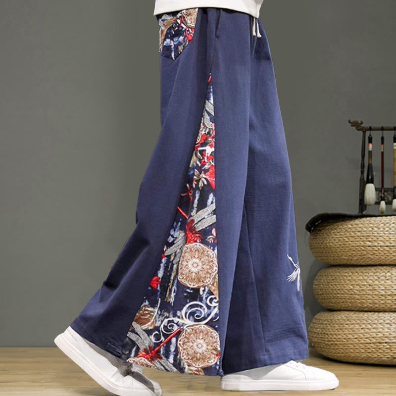 Pantaloni da uomo in cotone e lino con coulisse, gamba larga, tasche e ricamo di gru Buddha Stones - image 7