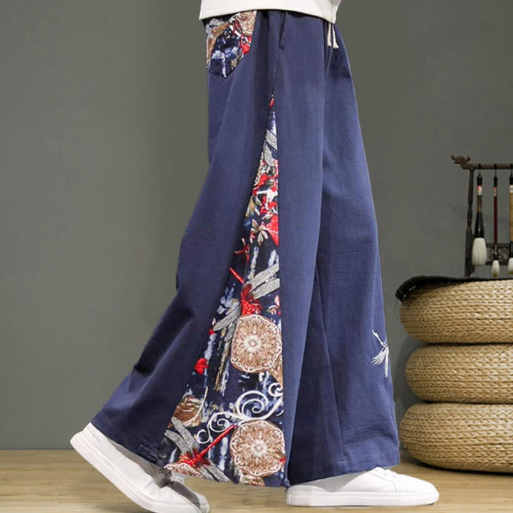 Pantaloni da uomo in cotone e lino con coulisse, gamba larga, tasche e ricamo di gru Buddha Stones - image 7