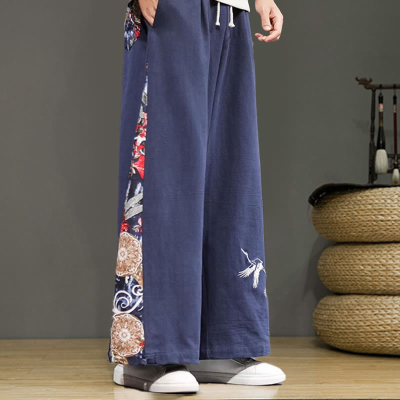 Pantaloni da uomo in cotone e lino con coulisse, gamba larga, tasche e ricamo di gru Buddha Stones - image 3