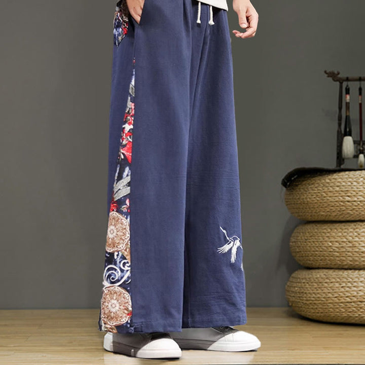 Pantaloni da uomo in cotone e lino con coulisse, gamba larga, tasche e ricamo di gru Buddha Stones - image 3