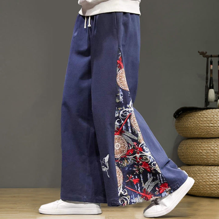 Pantaloni da uomo in cotone e lino con coulisse, gamba larga, tasche e ricamo di gru Buddha Stones - image 1