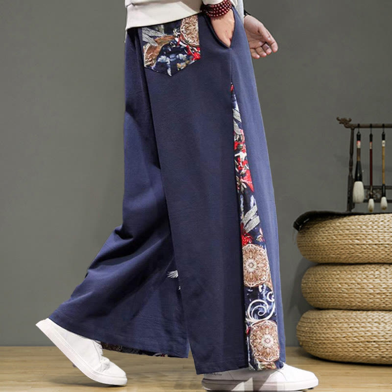 Pantaloni da uomo in cotone e lino con coulisse, gamba larga, tasche e ricamo di gru Buddha Stones - image 5