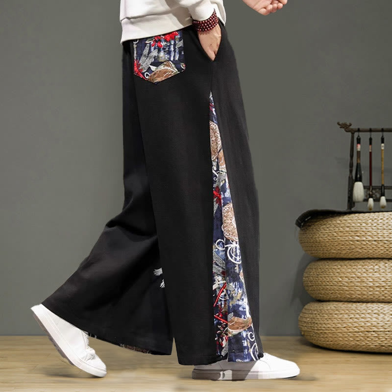 Pantaloni da uomo in cotone e lino con coulisse, gamba larga, tasche e ricamo di gru Buddha Stones - image 15