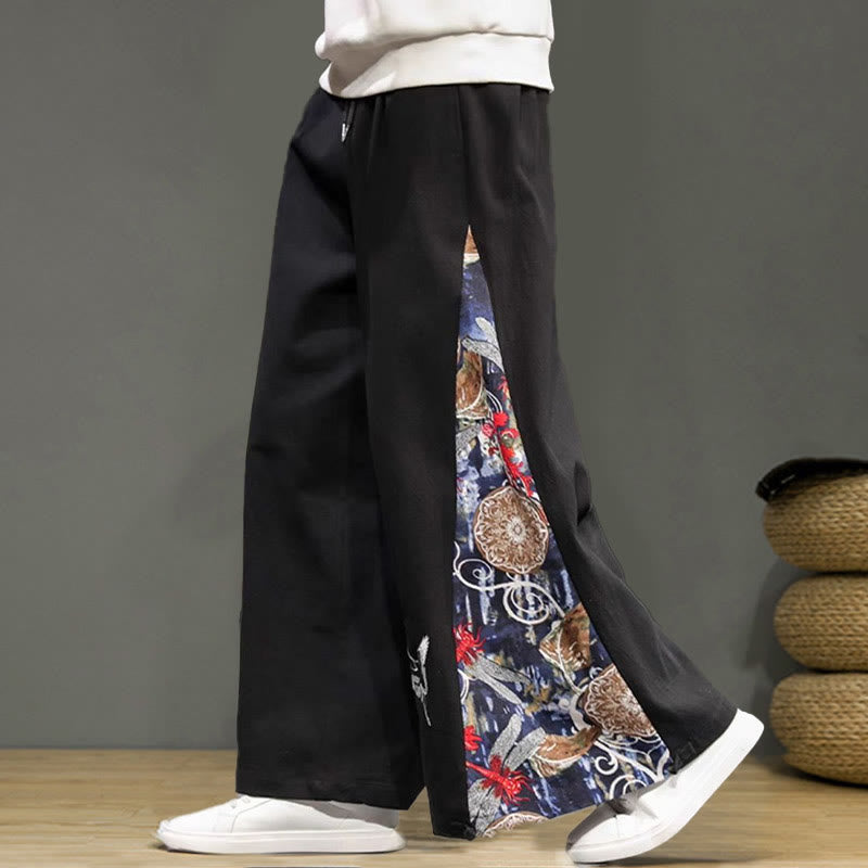 Pantaloni da uomo in cotone e lino con coulisse, gamba larga, tasche e ricamo di gru Buddha Stones - image 16