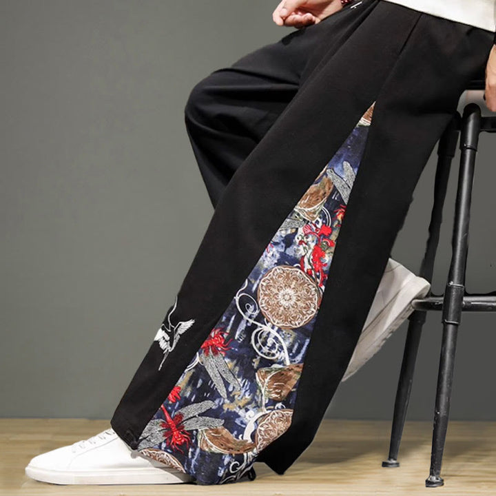 Pantaloni da uomo in cotone e lino con coulisse, gamba larga, tasche e ricamo di gru Buddha Stones - image 12