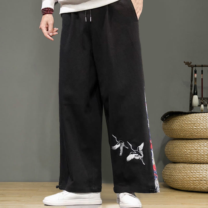 Pantaloni da uomo in cotone e lino con coulisse, gamba larga, tasche e ricamo di gru Buddha Stones - image 9