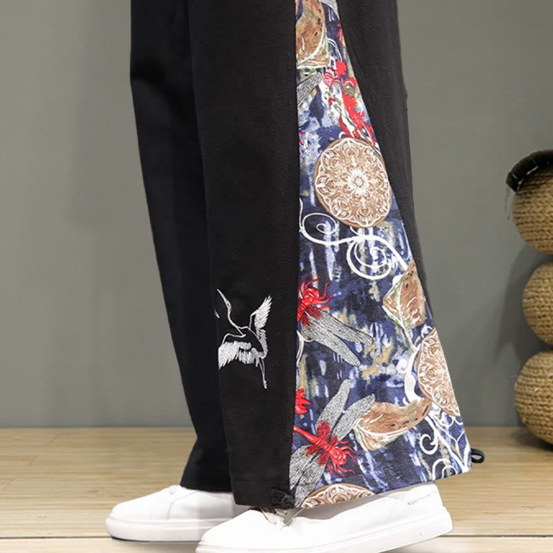Pantaloni da uomo in cotone e lino con coulisse, gamba larga, tasche e ricamo di gru Buddha Stones - image 19