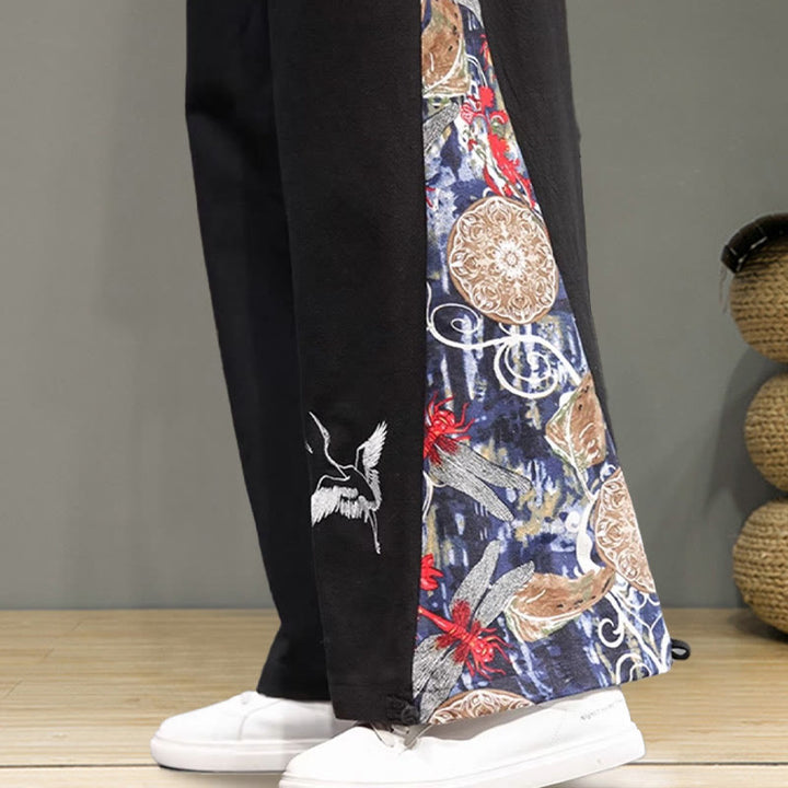 Pantaloni da uomo in cotone e lino con coulisse, gamba larga, tasche e ricamo di gru Buddha Stones - image 19