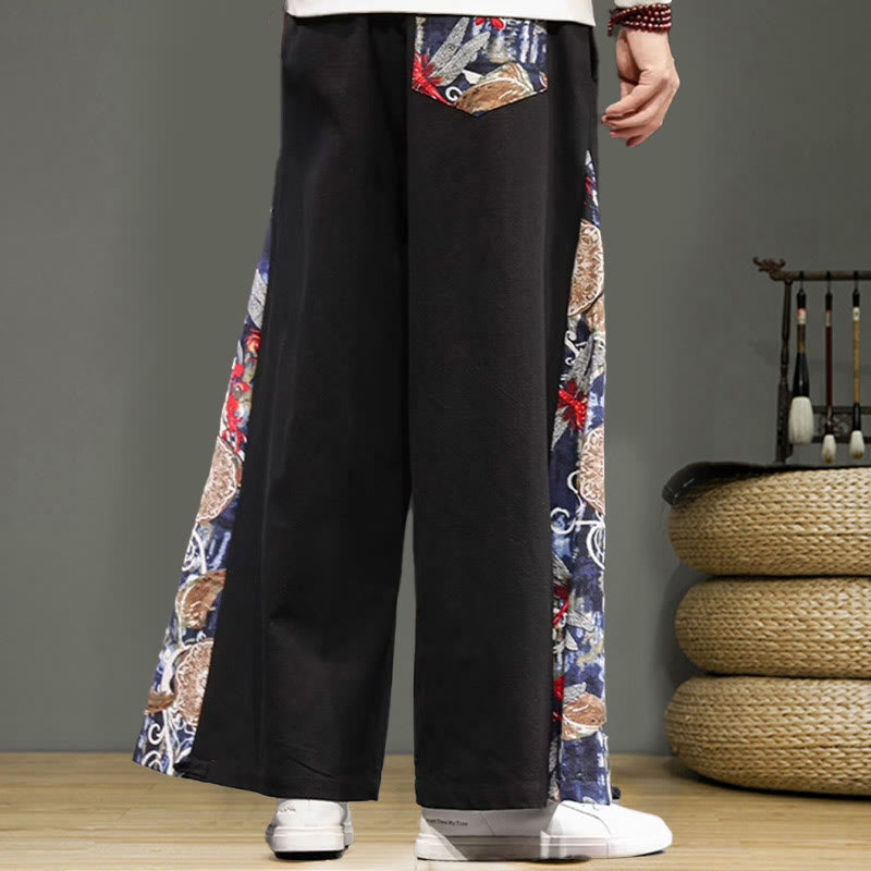 Pantaloni da uomo in cotone e lino con coulisse, gamba larga, tasche e ricamo di gru Buddha Stones - image 11
