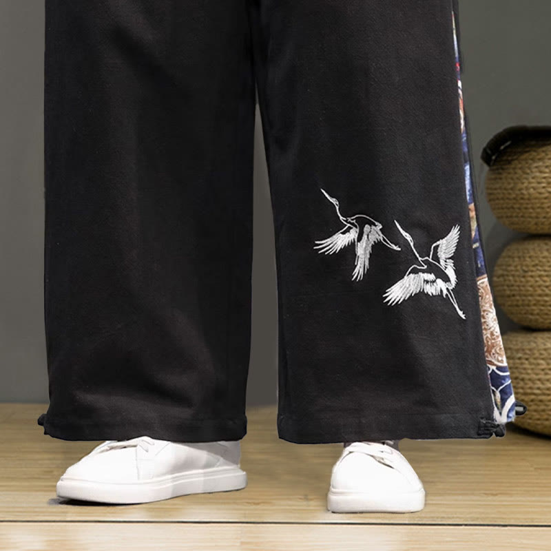 Pantaloni da uomo in cotone e lino con coulisse, gamba larga, tasche e ricamo di gru Buddha Stones - image 20