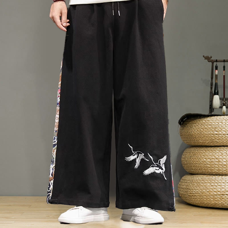 Pantaloni da uomo in cotone e lino con coulisse, gamba larga, tasche e ricamo di gru Buddha Stones - image 13