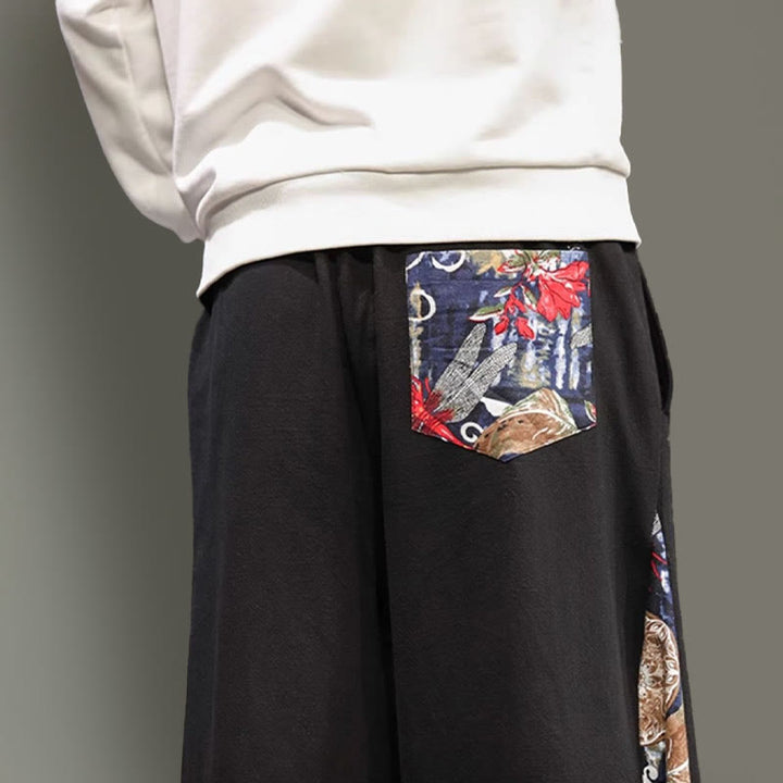 Pantaloni da uomo in cotone e lino con coulisse, gamba larga, tasche e ricamo di gru Buddha Stones - image 18
