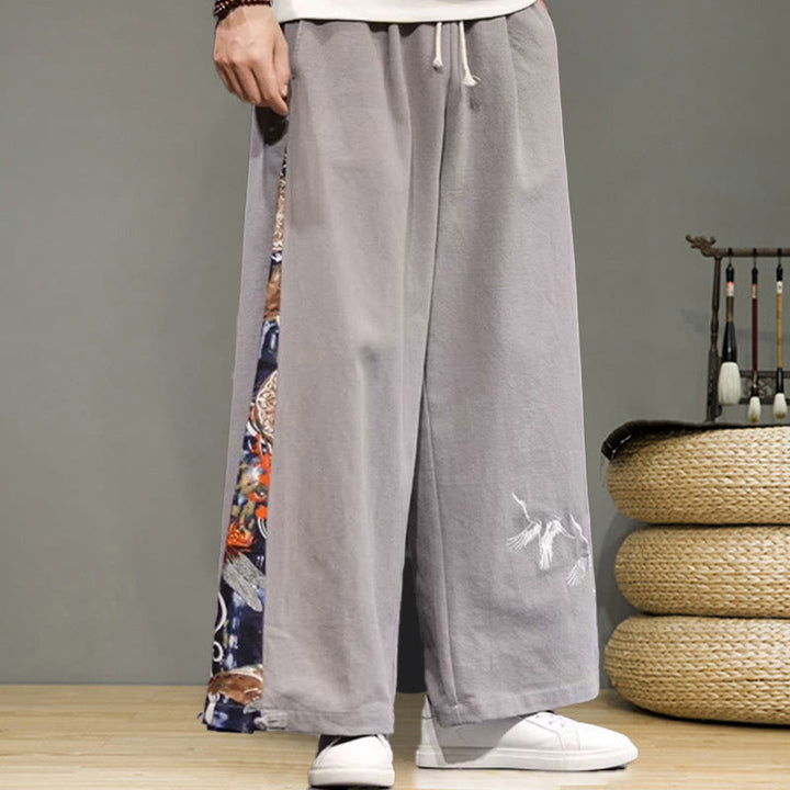 Pantaloni da uomo in cotone e lino con coulisse, gamba larga, tasche e ricamo di gru Buddha Stones - image 24