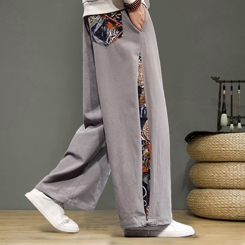 Pantaloni da uomo in cotone e lino con coulisse, gamba larga, tasche e ricamo di gru Buddha Stones - image 27