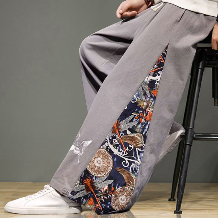 Pantaloni da uomo in cotone e lino con coulisse, gamba larga, tasche e ricamo di gru Buddha Stones - image 29