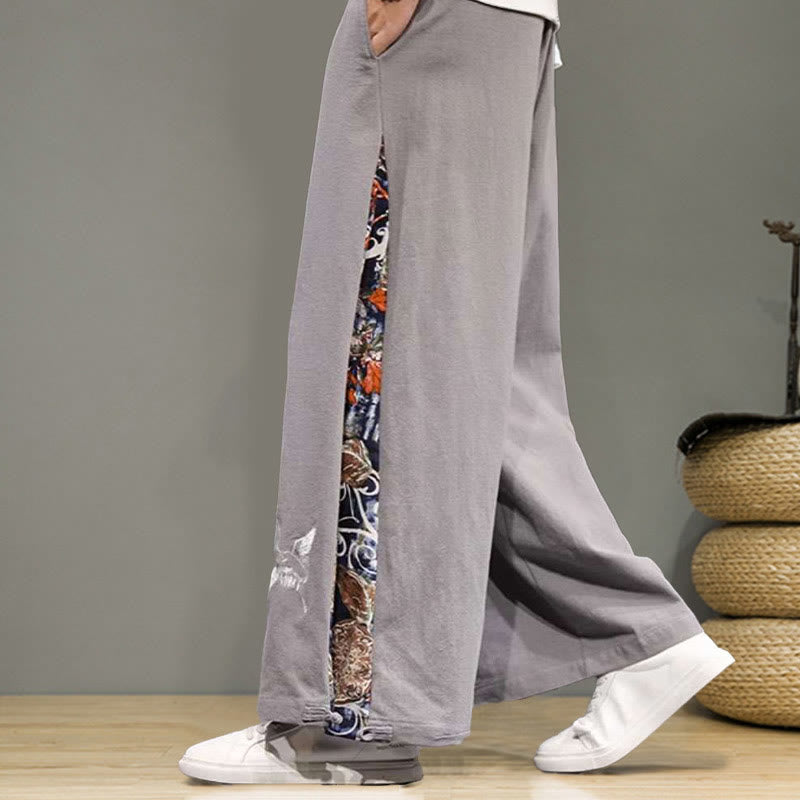 Pantaloni da uomo in cotone e lino con coulisse, gamba larga, tasche e ricamo di gru Buddha Stones - image 22