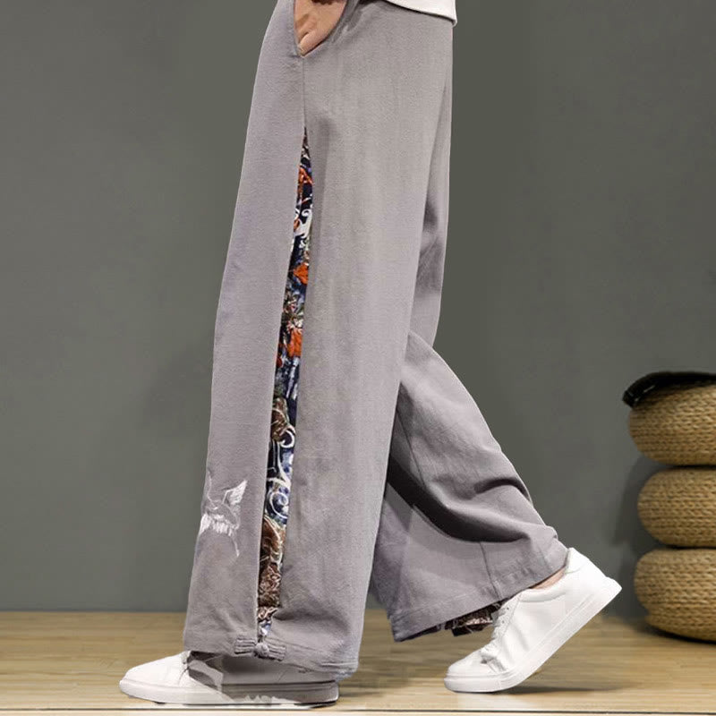 Pantaloni da uomo in cotone e lino con coulisse, gamba larga, tasche e ricamo di gru Buddha Stones - image 25