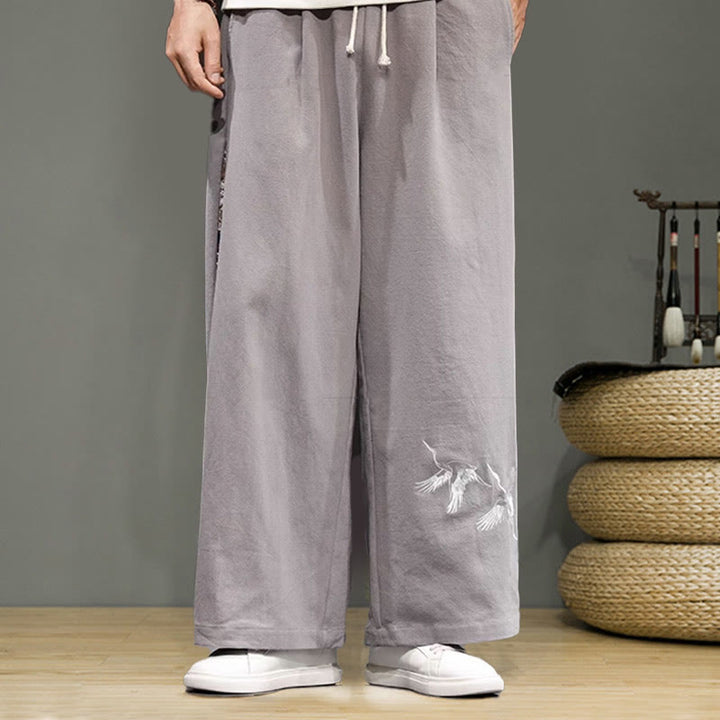 Pantaloni da uomo in cotone e lino con coulisse, gamba larga, tasche e ricamo di gru Buddha Stones - image 26