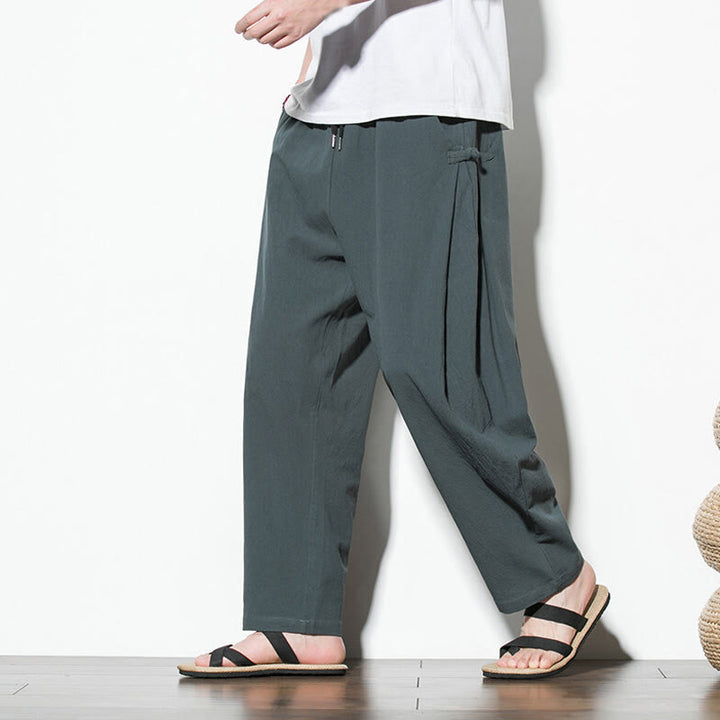 Pantaloni da uomo in cotone e lino con tasche e design a rana laterale con bottoni Buddha Stones Summer - Grigio - US/UK/AU46, EU56 (5XL) - image 1
