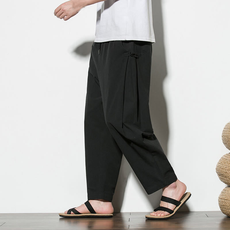 Pantaloni da uomo in cotone e lino con tasche e design a rana laterale con bottoni Buddha Stones Summer - Nero - US/UK/AU46, EU56 (5XL) - image 18