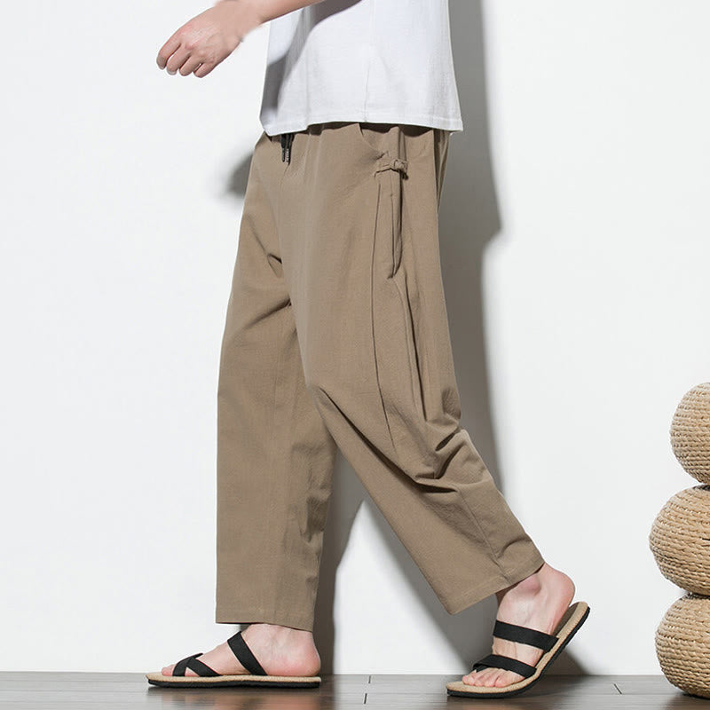 Pantaloni da uomo in cotone e lino con tasche e design a rana laterale con bottoni Buddha Stones Summer - Abbronzatura - US/UK/AU46, EU56 (5XL) - image 10