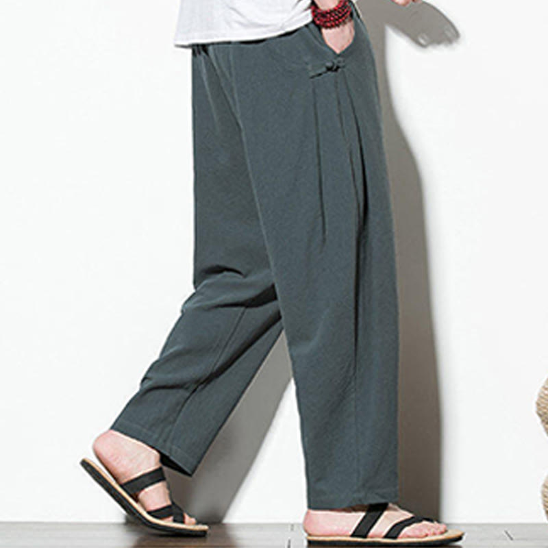 Pantaloni da uomo in cotone e lino con tasche e design a rana laterale con bottoni Buddha Stones Summer - image 4