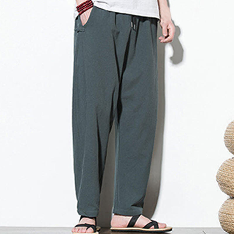 Pantaloni da uomo in cotone e lino con tasche e design a rana laterale con bottoni Buddha Stones Summer - image 3