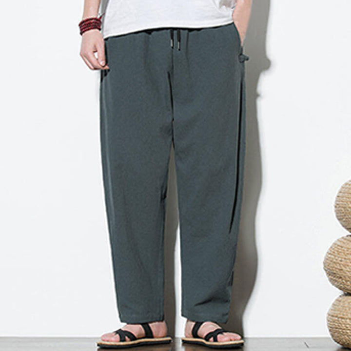 Pantaloni da uomo in cotone e lino con tasche e design a rana laterale con bottoni Buddha Stones Summer - image 6