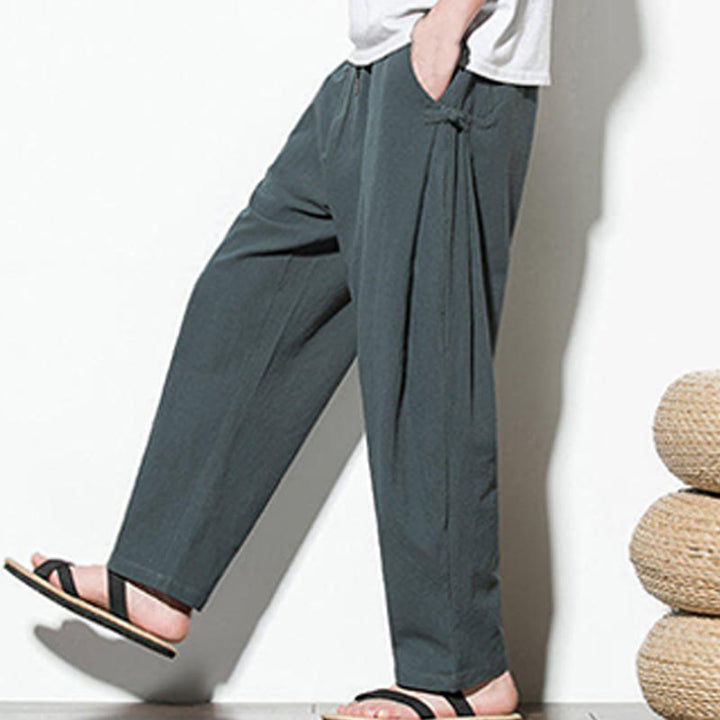 Pantaloni da uomo in cotone e lino con tasche e design a rana laterale con bottoni Buddha Stones Summer - image 8