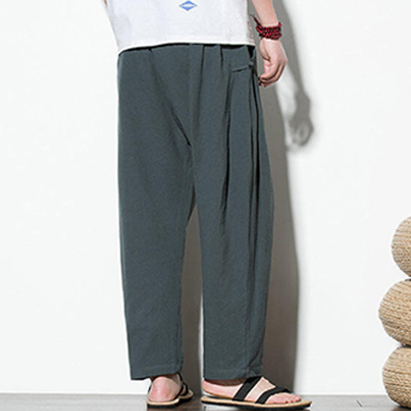 Pantaloni da uomo in cotone e lino con tasche e design a rana laterale con bottoni Buddha Stones Summer - image 5