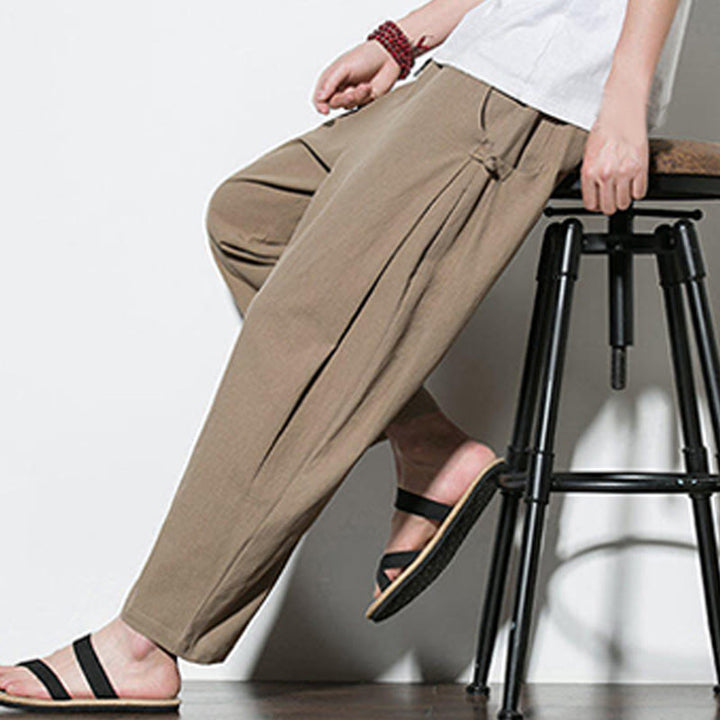 Pantaloni da uomo in cotone e lino con tasche e design a rana laterale con bottoni Buddha Stones Summer - image 17