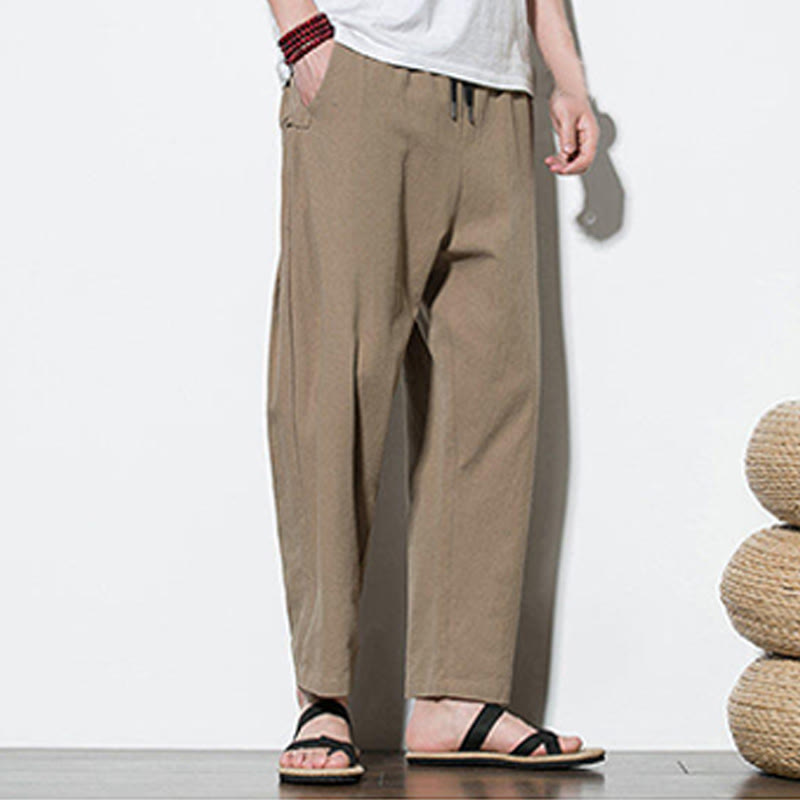 Pantaloni da uomo in cotone e lino con tasche e design a rana laterale con bottoni Buddha Stones Summer - image 11