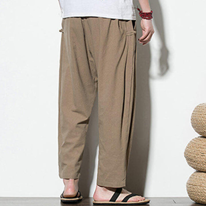 Pantaloni da uomo in cotone e lino con tasche e design a rana laterale con bottoni Buddha Stones Summer - image 12