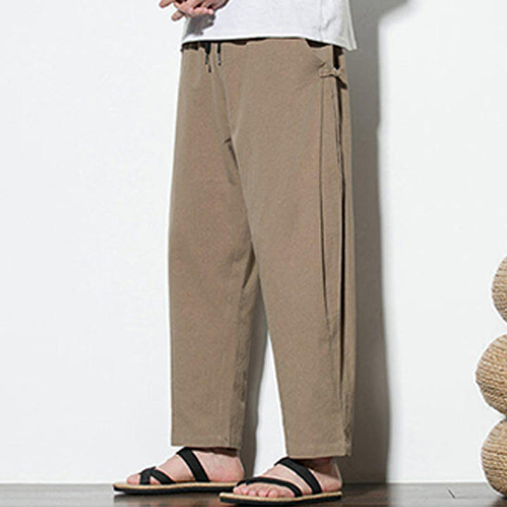 Pantaloni da uomo in cotone e lino con tasche e design a rana laterale con bottoni Buddha Stones Summer - image 14