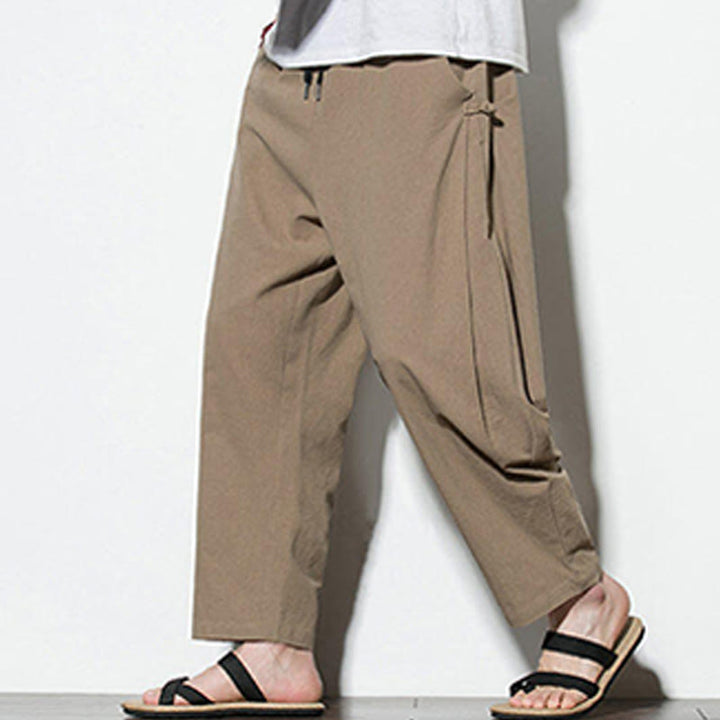Pantaloni da uomo in cotone e lino con tasche e design a rana laterale con bottoni Buddha Stones Summer - image 16