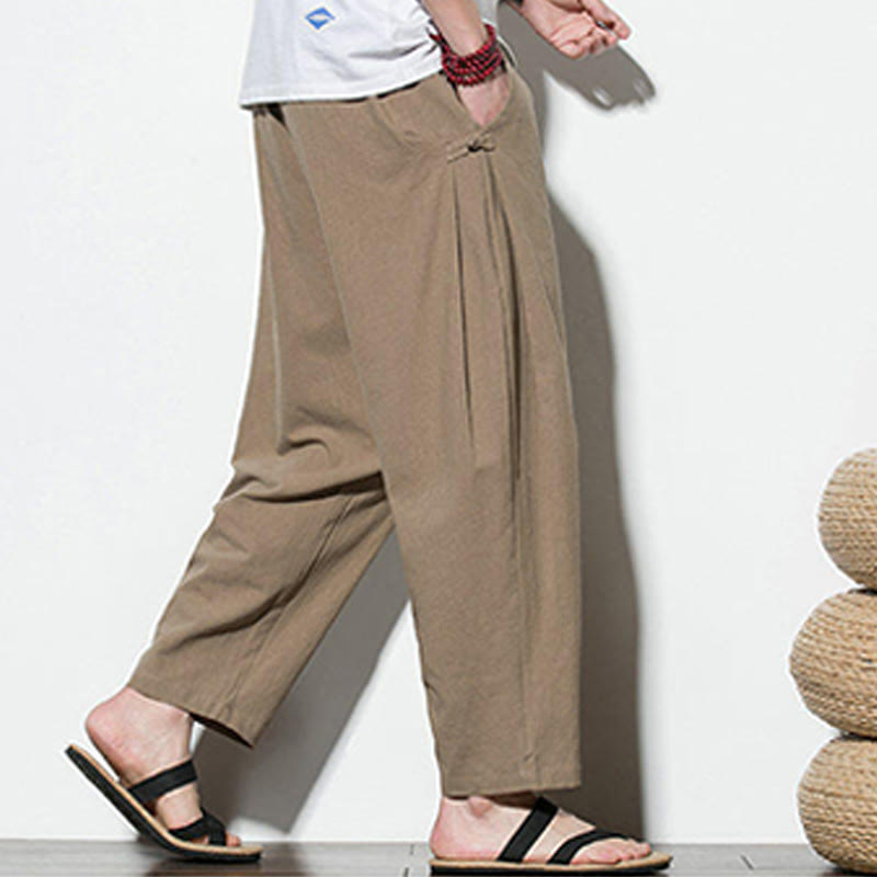 Pantaloni da uomo in cotone e lino con tasche e design a rana laterale con bottoni Buddha Stones Summer - image 13