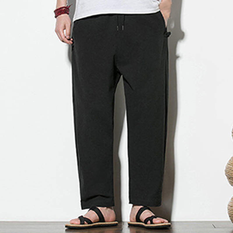 Pantaloni da uomo in cotone e lino con tasche e design a rana laterale con bottoni Buddha Stones Summer - image 22