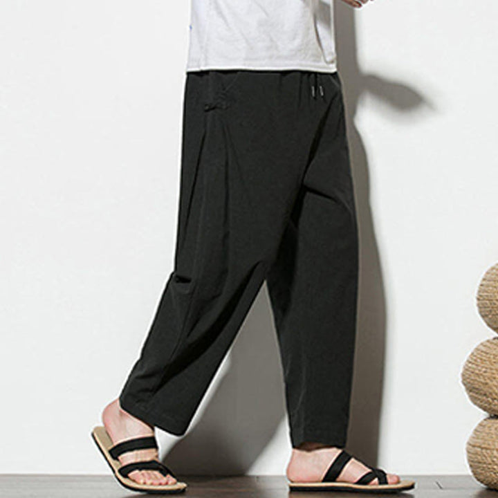 Pantaloni da uomo in cotone e lino con tasche e design a rana laterale con bottoni Buddha Stones Summer - image 21