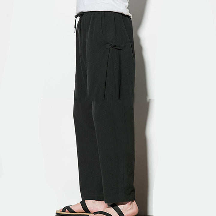 Pantaloni da uomo in cotone e lino con tasche e design a rana laterale con bottoni Buddha Stones Summer - image 23