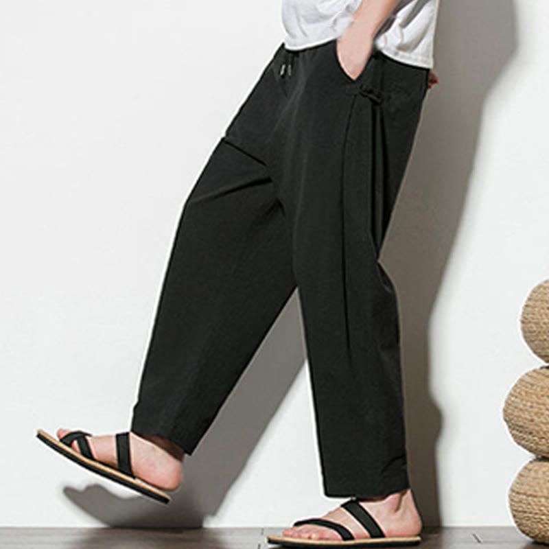 Pantaloni da uomo in cotone e lino con tasche e design a rana laterale con bottoni Buddha Stones Summer - image 24