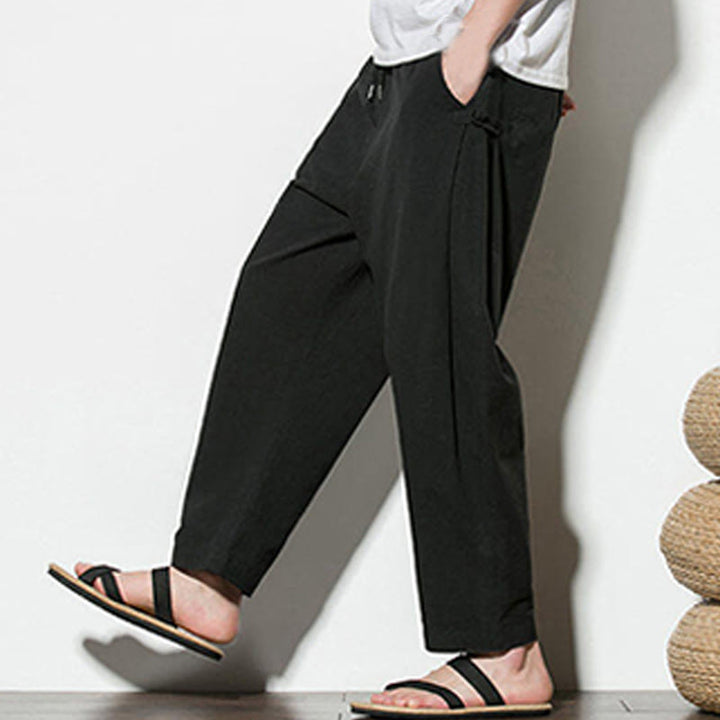Pantaloni da uomo in cotone e lino con tasche e design a rana laterale con bottoni Buddha Stones Summer - image 24
