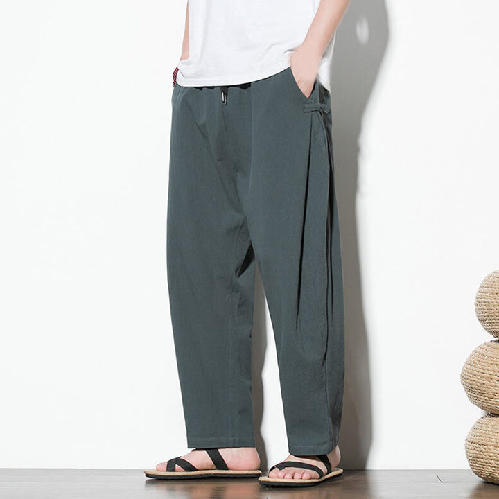 Pantaloni da uomo in cotone e lino con tasche e design a rana laterale con bottoni Buddha Stones Summer - image 7