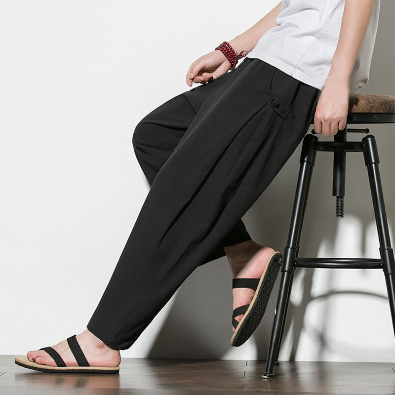 Pantaloni da uomo in cotone e lino con tasche e design a rana laterale con bottoni Buddha Stones Summer - image 25